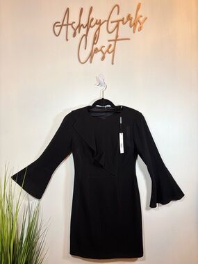 Elie Tahari Black Ruffle Bell Sleeve Sheath Dress
